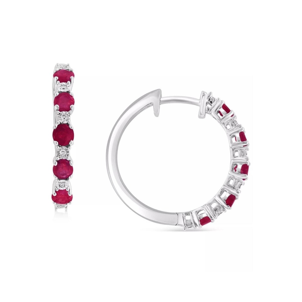 RUBY & Diamond Accent Hoop Earrings in Sterling Silver